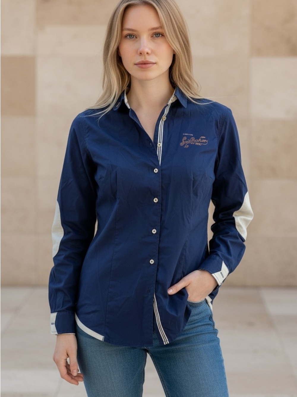 Women's Navy Button-Down Shirt with Cream Trim